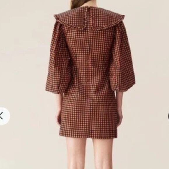 Ganni Iridescent Checked Seersucker Mini Dres Orange black sz 36 - Picture 3 of 11